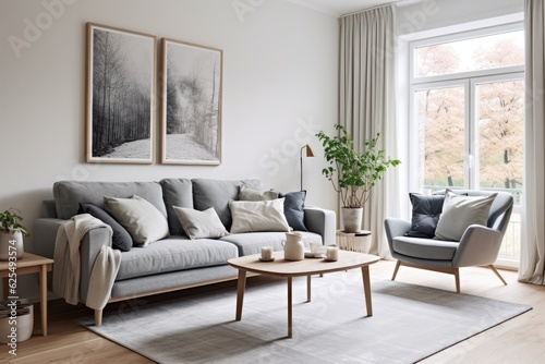 The living room interior is adorned with a wooden furniture set and a stylish Scandinavian sofa in grey color, accompanied by decorative pillows.
