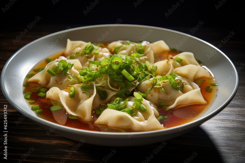 Wonton Soup with a vivid display of individual wontons, thinly sliced scallions, and a splash of sesame oil Wonton Soup with a vivid display of individual wontons, thinly sliced scallions, and a splash of sesame oil