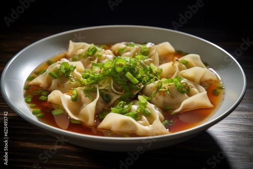 Wonton Soup with a vivid display of individual wontons, thinly sliced scallions, and a splash of sesame oil