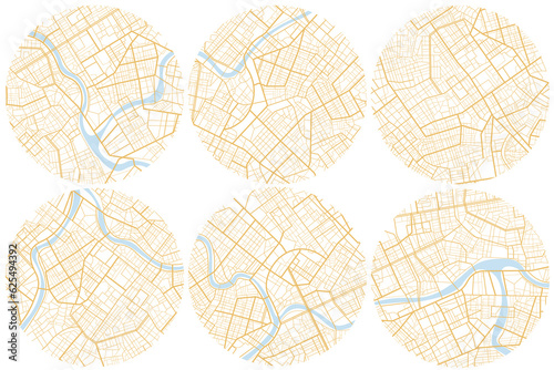Set of plan with road and buildings. Abstract city maps, background. Top view, view from above. Fictional district plan. Quarter residential buildings. Vector, illustration isolated on white.