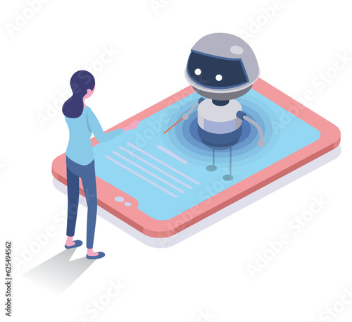 isometric vector illustration of adviser robot with people
