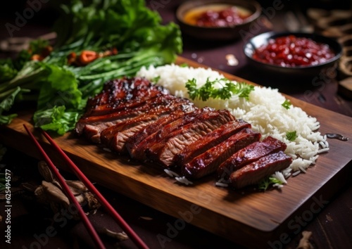 Char Siu, showing fork-tender Cantonese barbecued pork served on a bamboo mat with a side of jasmine rice