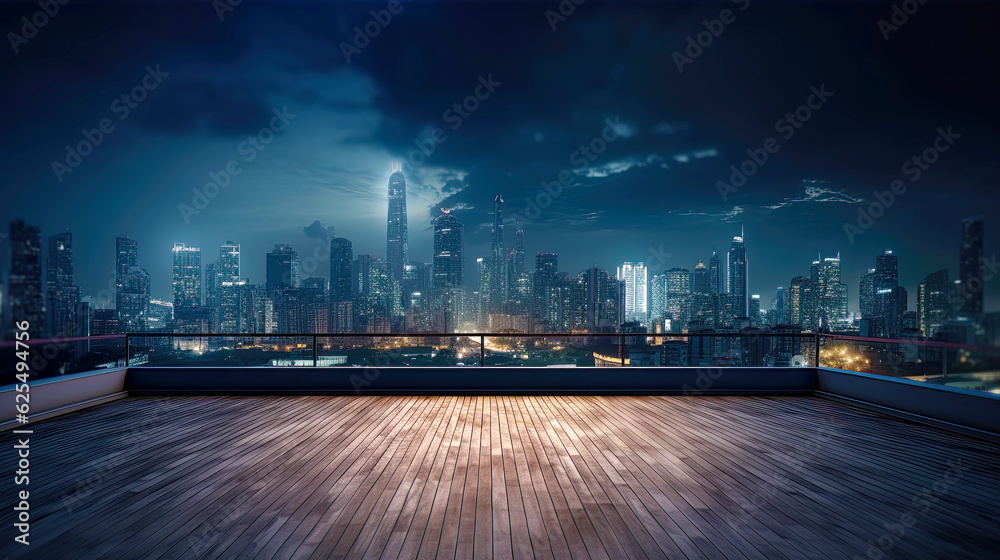 Panoramic view of city skyline at night from rooftop. Postproducted ...