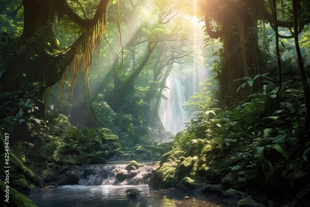 Gentle Waterfall Cascading Through a Sunlit Forest: Ethereal Background for Serene Nature's Symphony, generative AI