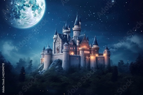 Fairy Tale Magic: Enchanting Moonlit Castle with Sparkling Stars and Turrets, generative AI