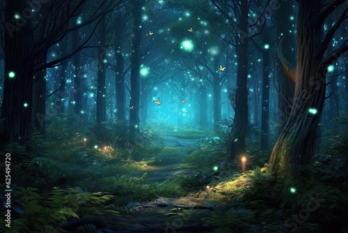 Mystical Creatures and Glowing Fireflies Illuminate Enchanting Moonlit Forest, generative AI