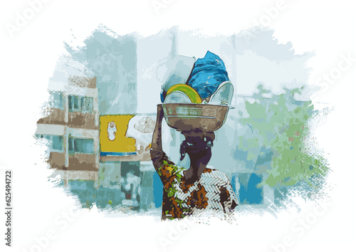 watercolor painting of an African woman, seen from behind, carrying her basket of goods, in the rainy streets of Abidjan.