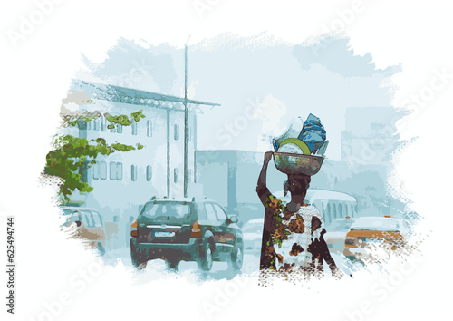 watercolor painting of an African woman, seen from behind, carrying her basket of goods, in the rainy streets of Abidjan.
