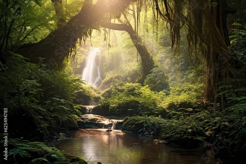 Nature s Symphony  Serene Waterfall Enveloped by Sunlit Forest  generative AI