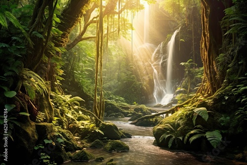 Gentle Waterfall: Serene Nature's Symphony in a Sunlit Forest, generative AI © Michael