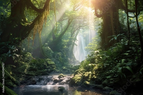 Gentle Waterfall Cascading Through a Sunlit Forest: Ethereal Background for Serene Nature's Symphony, generative AI © Michael