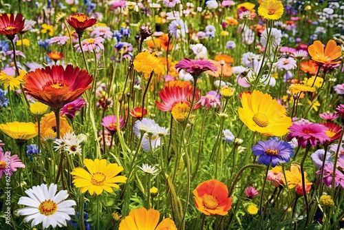 Colorful Field of Wildflowers: Nature's Kaleidoscope Unveils Blooming Beauty, generative AI © Michael