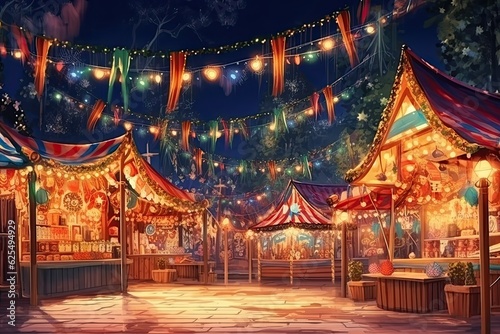 Glowing Lights & Festive Stalls: Festive Background for a Decorated Christmas Market, Spreading Holiday Cheer, generative AI