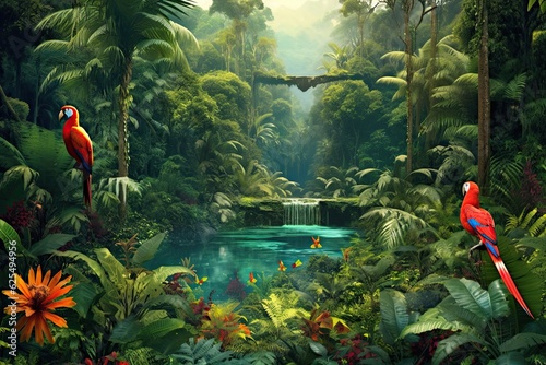 Biodiverse Paradise: Exotic Background of Tropical Rainforest with Colorful Birds and Exotic Plants, generative AI © Michael