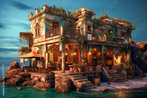 Old Renaissance ruins, or restaurants , taverns and hotels converted from such buildings. Beautiful ancient building near the sea. Fictional place. Made with Generative AI