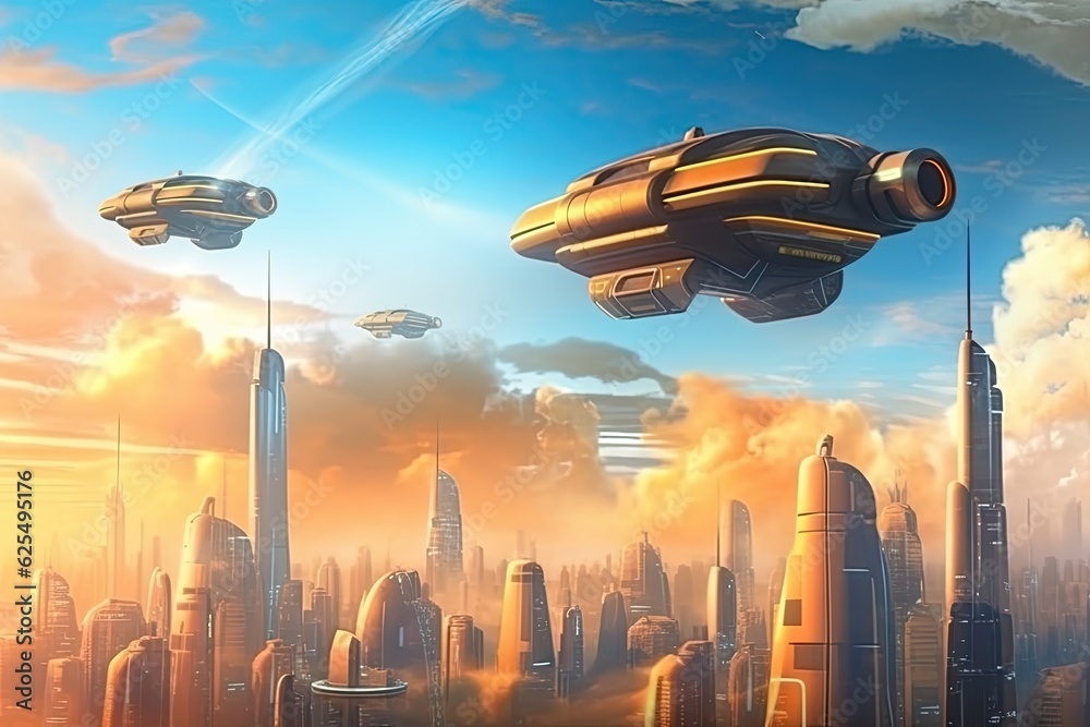 Fototapeta premium Futuristic Metropolis: Hovering Vehicles and Advanced Technology in Skylines, generative AI