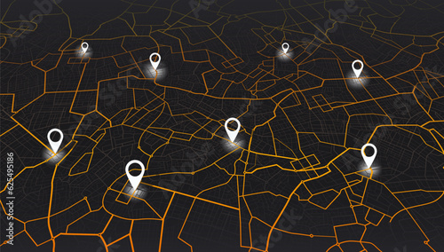 GPS navigator screen with street roads and location, destination points City top view. Online navigation. Flat style, Vector, illustration isolated. Urban highway plan, final destination