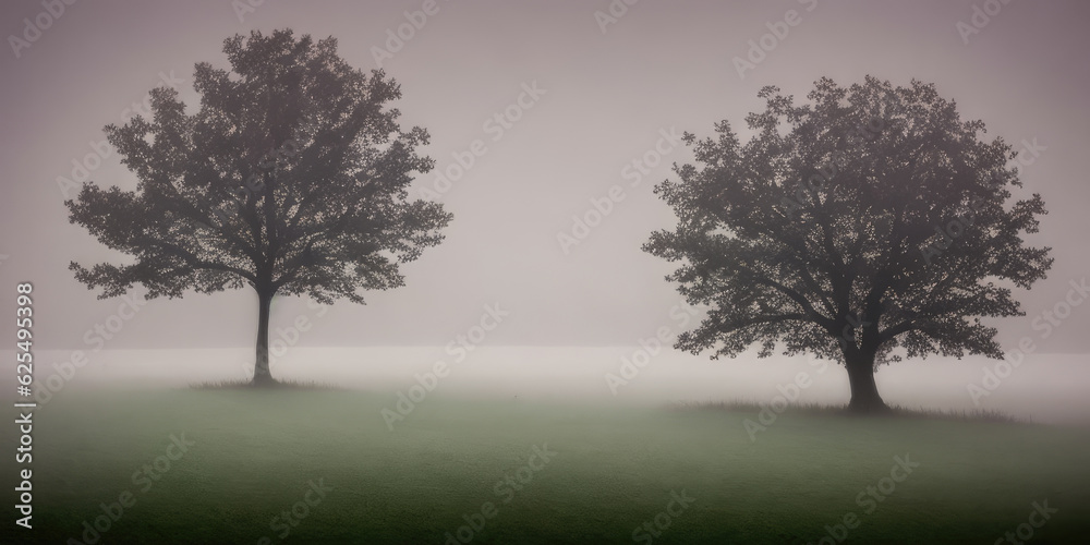 Tree on the lawn in the fog, haze in the field