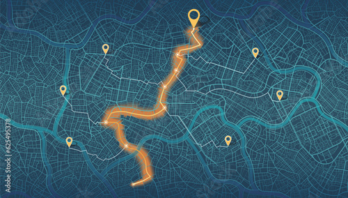 Location tracks dashboard. City street road. City streets and blocks, route distance data, path turns and destination tag or mark. Huge city top view. ector, illustration. Abstract background.