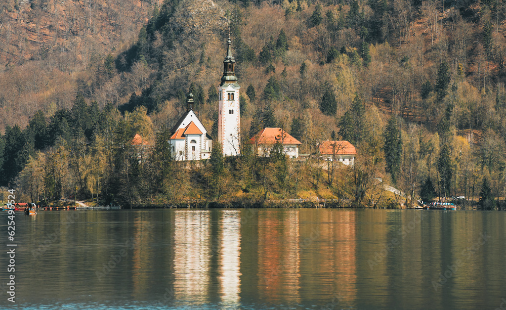 Amazing View On the Bled Lake. Island, Church And Castle With Alpine Mountain Range in The Background. Bled, Slovenia, Europe