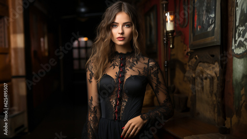 Hübsche Model Frau im sexy Abendkleid mit schöner Lichtstimmung im Hotel Porträt, ai, generativ
