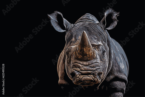 close-up portrait of a rhinoceros, front view on black background