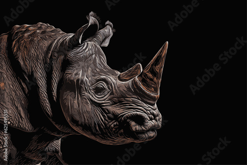 rhino on black, close-up illustration of a rhinoceros seen in profile against a black background