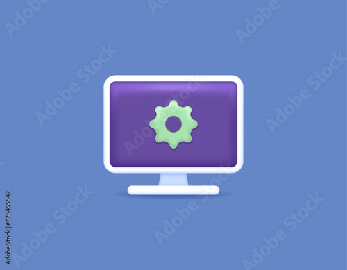 Computer system configuration. settings, adjustments, setup processes. PC monitor and cog. technology. symbols and icons. Minimalist 3D concept design. vector elements. blue background