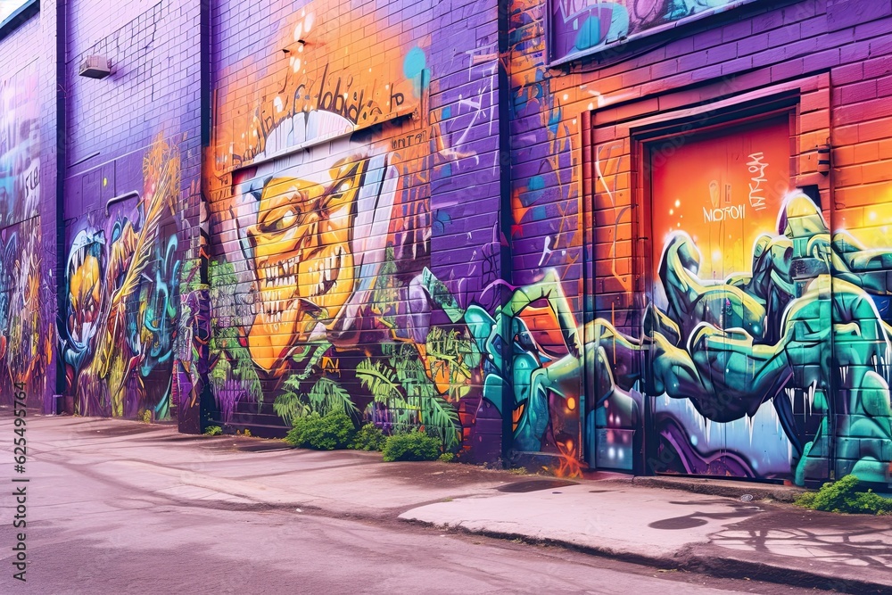 Fototapeta premium Creative Urban Expression: Vibrant Graffiti Artwork in an Industrial Background, generative AI