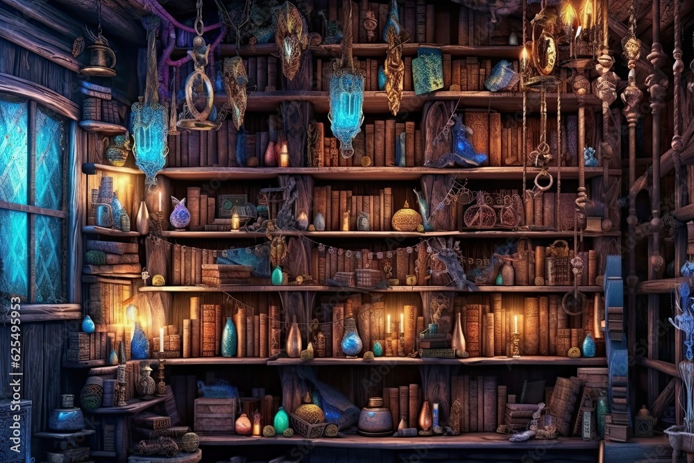 Enchanted Tomes and Secrets Unveiled: Explore a Magical Background with an Enchanted Bookshelf, generative AI