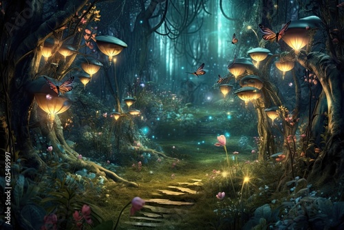 Mystical Wonder: Enchanted Forest Glowing with Fireflies and Whimsical Creatures, generative AI