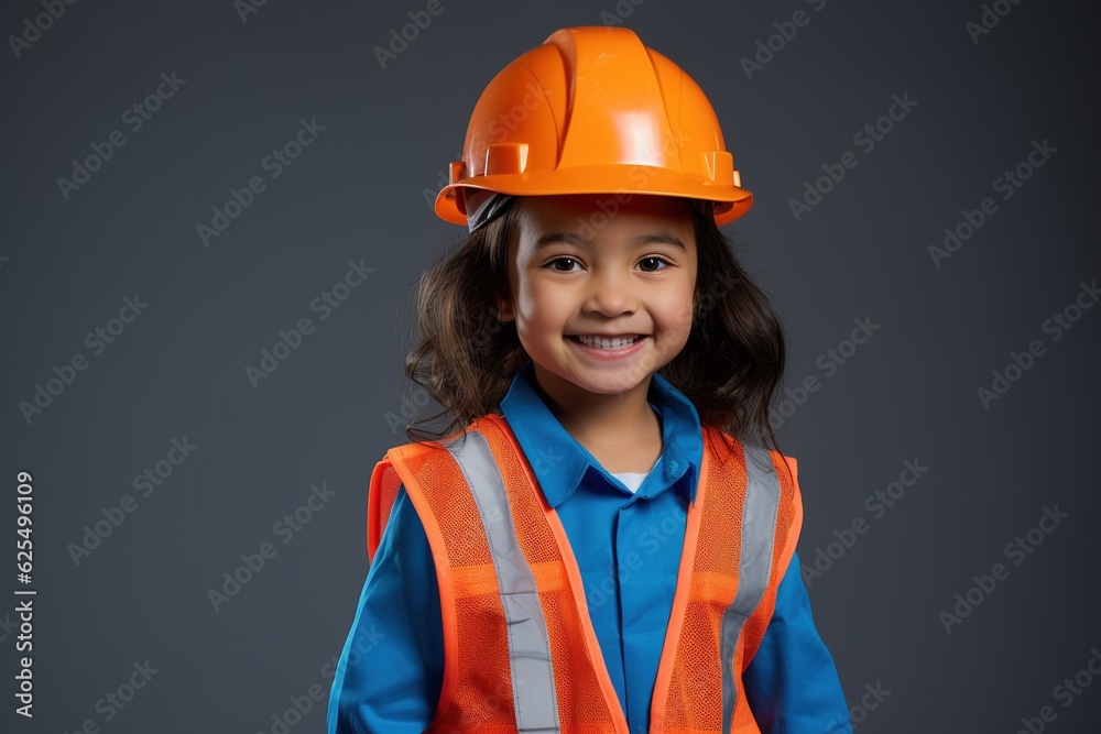 Portrait of a smiling little girl in a construction helmet.Generative Ai Portrait of a smiling little girl in a construction helmet.Generative Ai