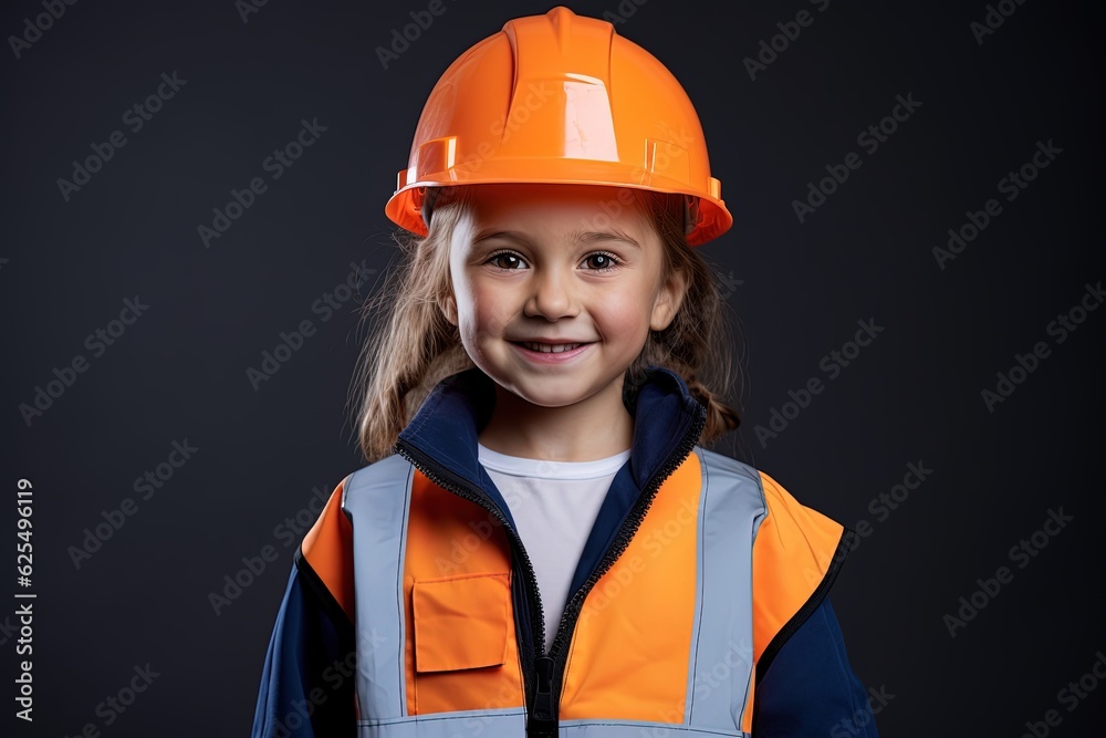 Portrait of a smiling little girl in a construction helmet.Generative Ai Portrait of a smiling little girl in a construction helmet.Generative Ai
