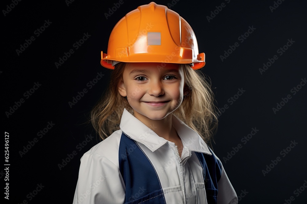 Portrait of a smiling little girl in a construction helmet.Generative Ai Portrait of a smiling little girl in a construction helmet.Generative Ai