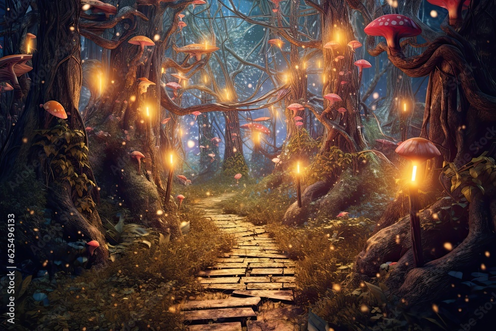 Enchanted Forest: Glowing Path, Whimsical Creatures & Mystical Wonder - A Magical Background, generative AI