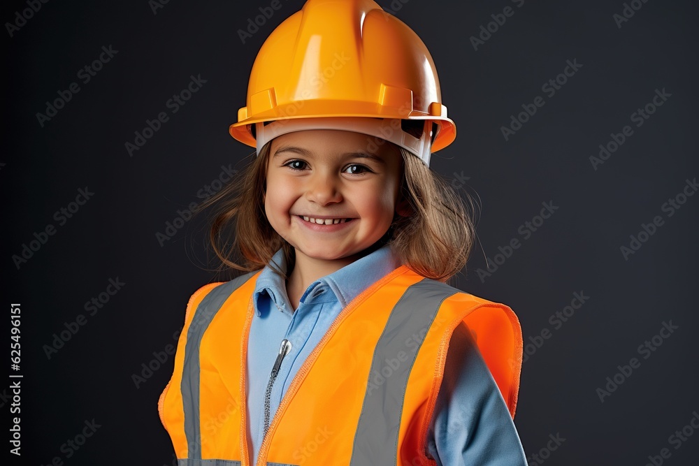 Portrait of a smiling little girl in a construction helmet.Generative Ai