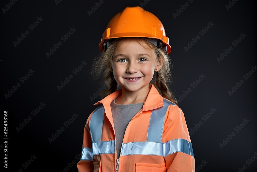 Portrait of a smiling little girl in a construction helmet.Generative Ai Portrait of a smiling little girl in a construction helmet.Generative Ai