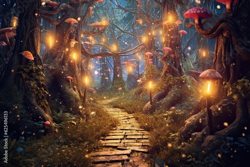 Enchanted Forest: Glowing Path, Whimsical Creatures & Mystical Wonder - A Magical Background, generative AI © Michael