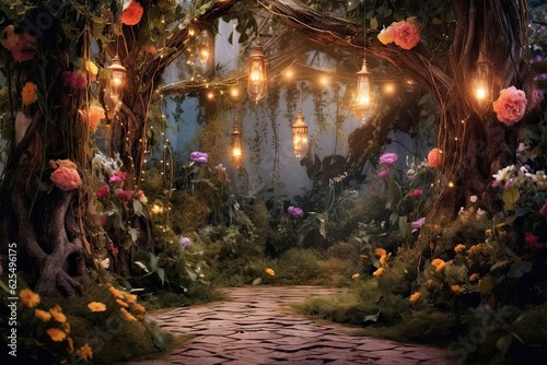 Enchanted Garden: Whimsical Delight with Fairy Lights and Magical Elements, generative AI