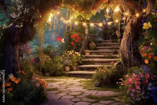 Enchanted Garden: Whimsical Delight with Fairy Lights and Magical Elements, generative AI