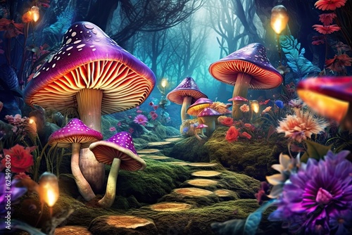 Enchanted Garden: Glowing Mushrooms and Fluttering Butterflies in Fairyland Wonder, generative AI