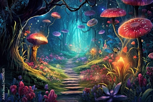 Enchanted Garden  Glowing Fireflies and Whimsical Creatures Illuminate Mystical Wonder  generative AI