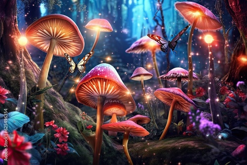 Enchanted Garden: Glowing Mushrooms, Fluttering Butterflies, Fairyland Wonder, generative AI