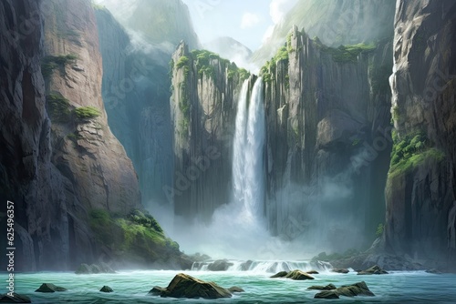 Nature's Power and Majesty: Grand Waterfall Cascading Down a Rocky Cliff Creates a Majestic Background, generative AI