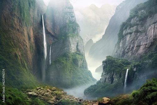 Nature s Majesty  Majestic Waterfall  Towering Cliffs  and Misty Vistas  generative AI