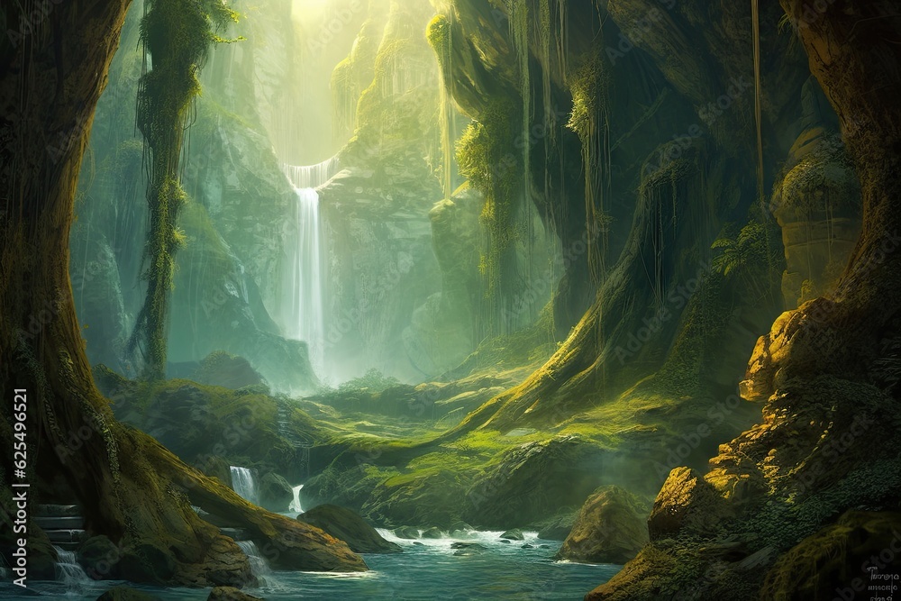 Nature's Magnificence: Captivating Towering Waterfall in a Deep Gorge, generative AI