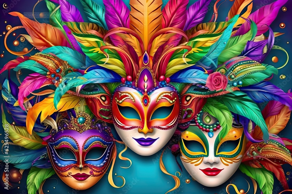 Colorful Carnival Masks and Streamers: A Festive Mardi Gras Background Celebration, generative AI