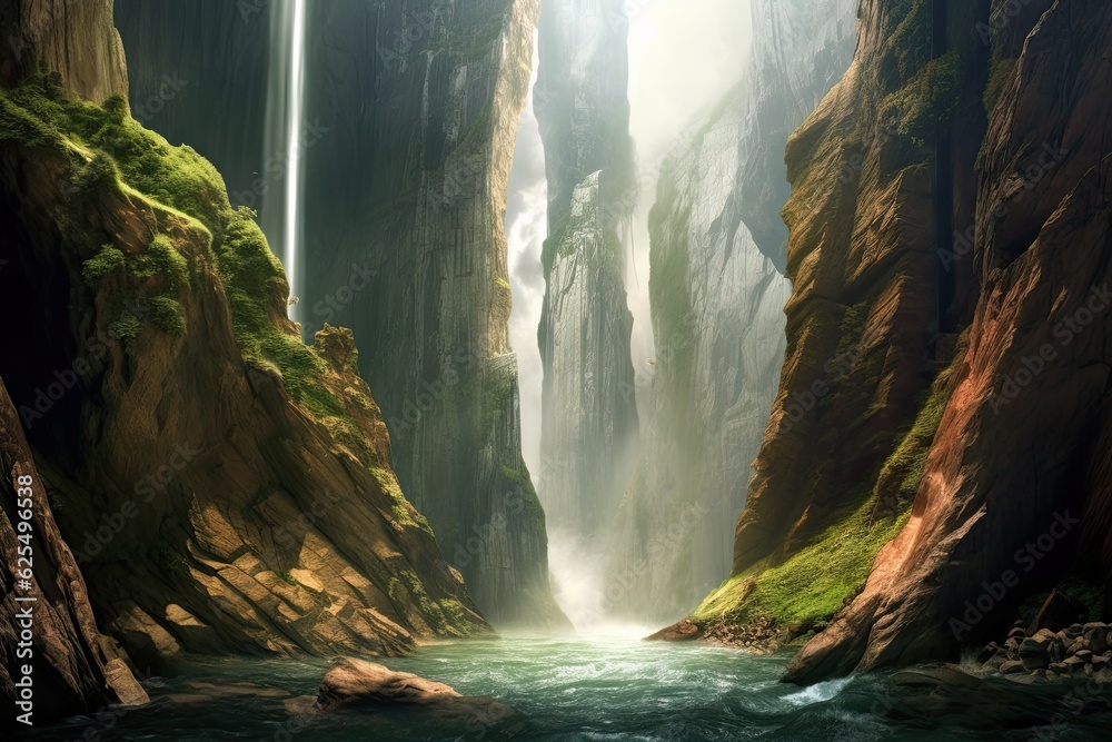 Nature's Magnificence: Towering Waterfall in a Deep Gorge - Majestic Background, generative AI Nature's Magnificence: Towering Waterfall in a Deep Gorge - Majestic Background, generative AI