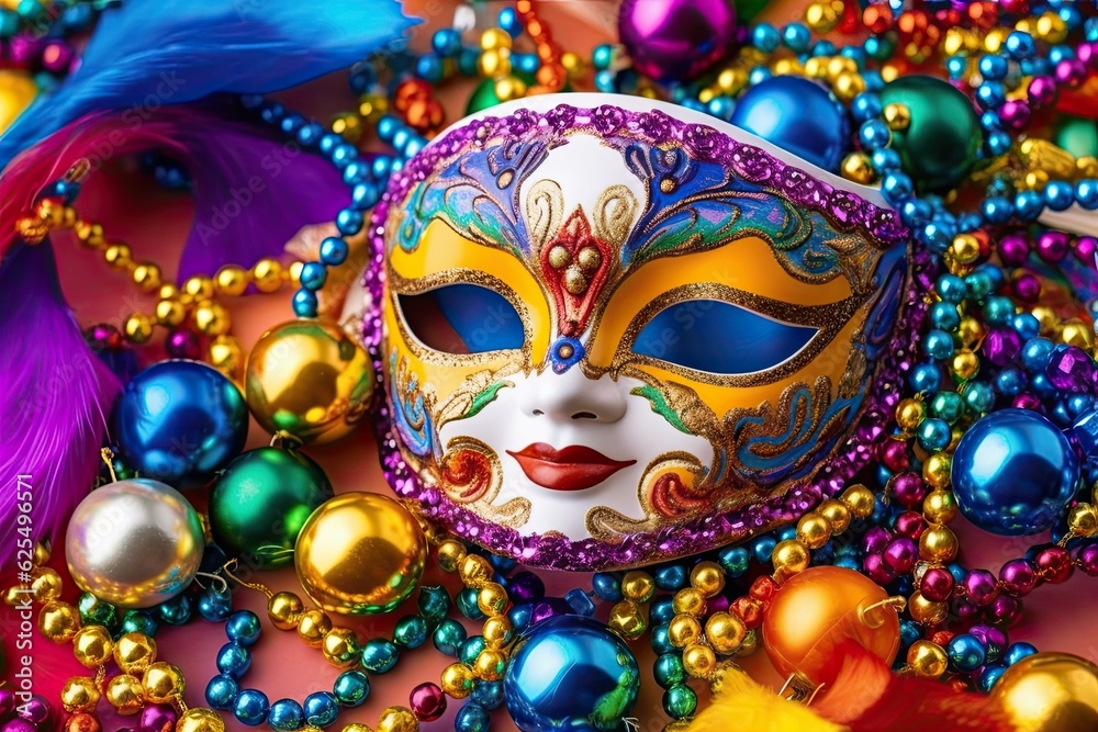 Vibrant Masks and Colorful Beads: A Festive Mardi Gras Celebration of Joyous Revelry and Carnival, generative AI