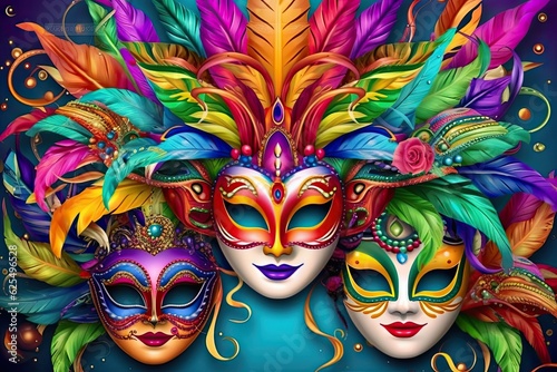 Leinwand Poster Colorful Carnival Masks and Streamers: A Festive Mardi Gras Background Celebrati
